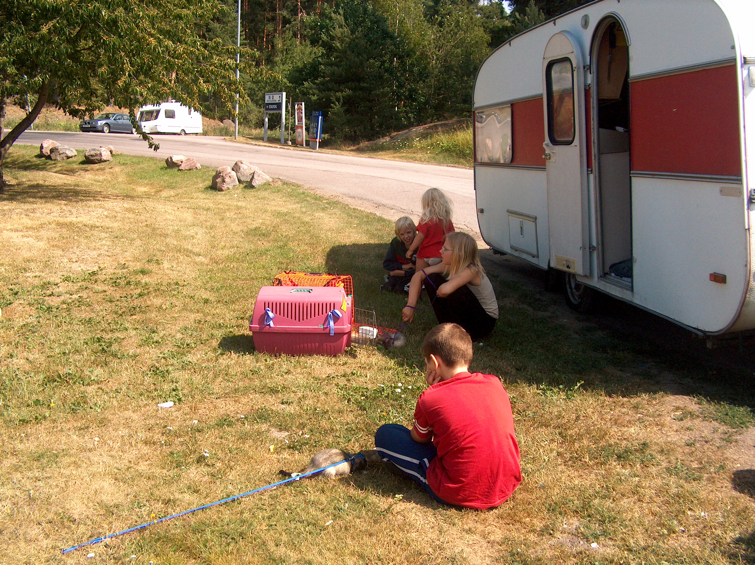 Barn och djur myser utanför husvaggnen. Skönt att komma ur burar och bil. Barn och djur myser utanför husvaggnen. Skönt att komma ur burar och bil.